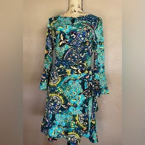Always Indigo faux wrap blue dress long sleeve flare stretchy boat neck PTP 18”